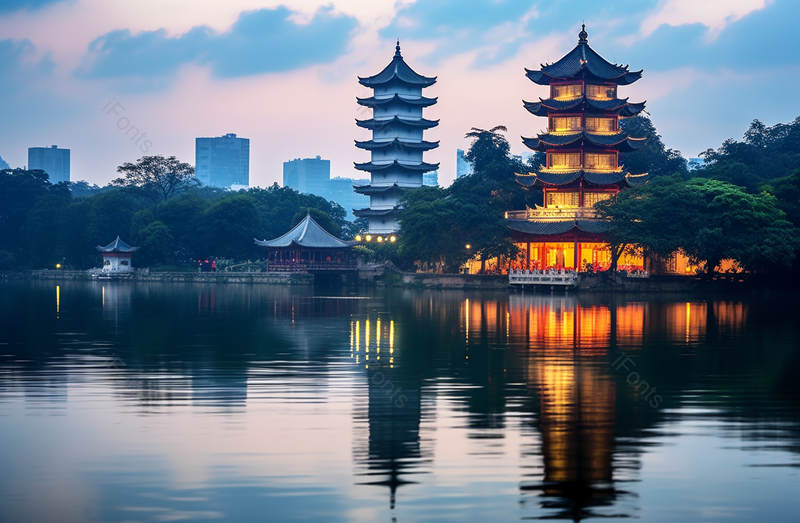傍晚户外景点湖面波纹两座宝塔灯光,高清,摄影图,摄影图片,图片大全,摄影图免费下载